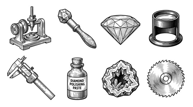 Jewelry Making and Gemstone Cutting Tools Vintage Engraving Illustration Set