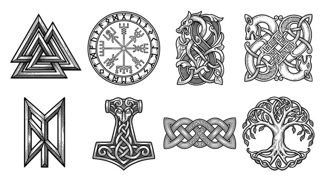Viking Symbols and Norse Mythology Vector Set with Vegvisir, Valknut, Thor Hammer, and Yggdrasil Tree of Life in Celtic Knotwork Style