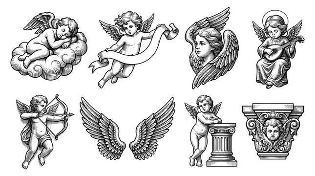 Vintage Engraved Angel and Cupid Vector Illustration Set, Renaissance Style Cherubs with Wings, Classical Architecture Elements and Blank Scroll