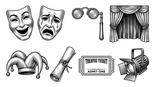 Vintage Theater Icon Set in Engraving Style Featuring Comedy and Tragedy Masks, Stage Curtains, Spotlight, Jester Hat, Binoculars, Ticket and Scroll. Retro Hand Drawn Vector Illustration.