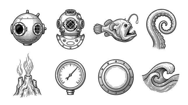 Vintage Hand Drawn Nautical Deep Sea Exploration Vector Set Featuring Diving Helmet, Submersible, Anglerfish, Kraken Tentacle, and Porthole
