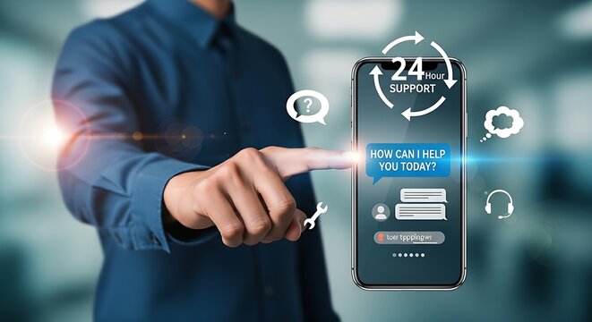 Support professional offering technical assistance with holographic chat, headset, and 24h service icons around a smartphone.