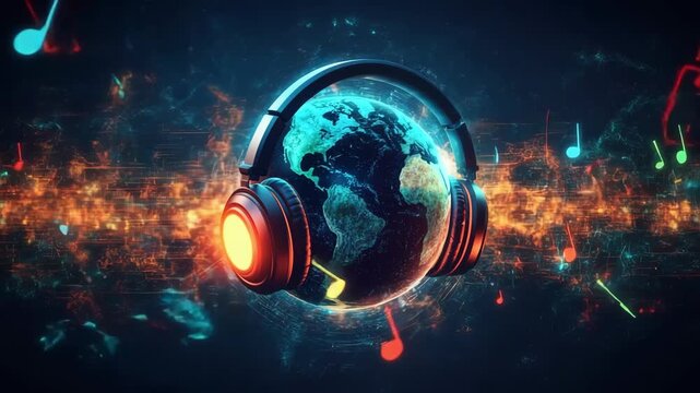 Glowing globe wrapped in headphone with floating music note, world music, global audio, sound energy, festive rhythm.