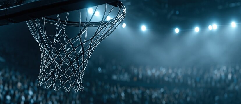 Basketball hoop with net under stadium lights, sports arena at night