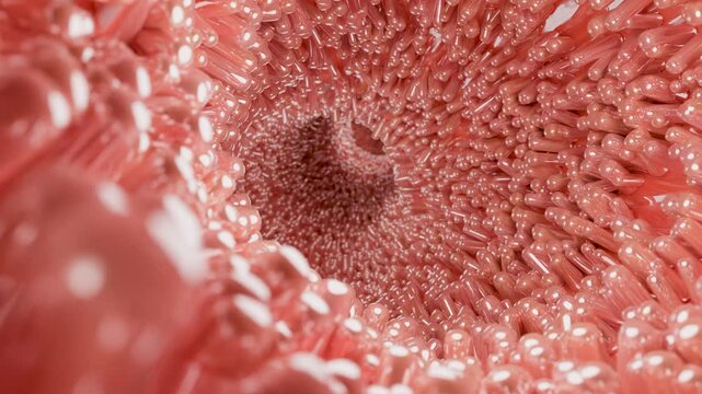 medically accurate animation of intestinal villi. Red microvilli in a intestinal tract. close-up, Microbiology, anatomy, biology, science, medicine, medical and healthcare concepts. 3D Render