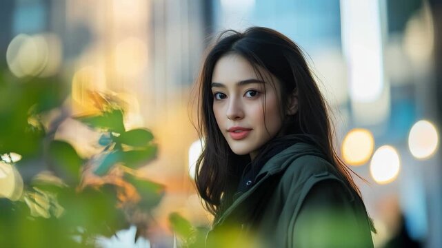 Thoughtful young woman with dark hair in front of a blurred urban backdrop with warm bokeh, calm beauty, candid portrait, modern lifestyle, city mood.