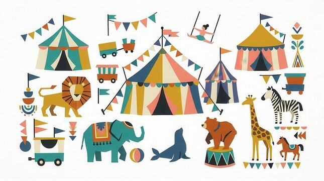 Playful circus scene with striped tents, diverse wild animals, wagons, and a swinging acrobat
