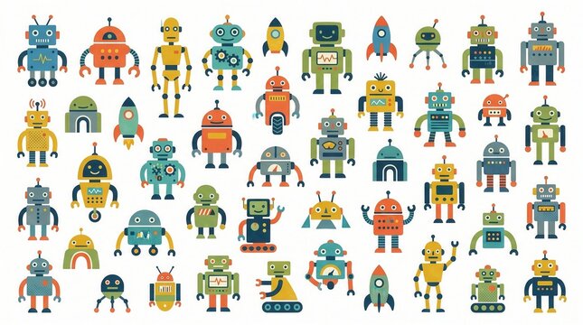 A lively assortment of friendly cartoon robots, rockets, and robot homes on a plain background