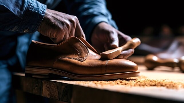 Skilled artisan hands carefully polishing a new brown leather shoe, demonstrating traditional craftsmanship and quality work in a dimly lit shoemaking workshop setting