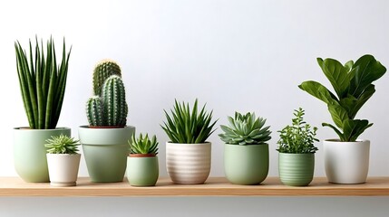 Fototapeta premium Various houseplants. Including succulents. Cacti. And other green foliage. Are arranged neatly in stylish pots on a wooden shelf against a clean white wall