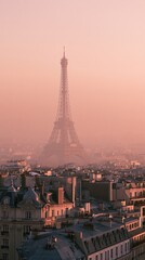 Fototapeta premium Paris France Europe lifestyle. A panoramic view of the Eiffel Tower in Paris, France, bathed in a soft pinkishorange hue. The iconic structure stands tall against the backdrop of a hazy cityscape.