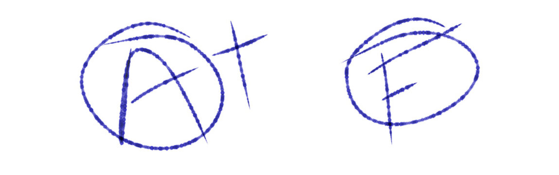 A Plus and F Grade Hand Drawn Doodle Symbols Isolated on White Background