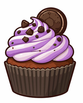 Dark chocolate cupcake with lush purple frosting swirl topped with chocolate chips and a whole oreo cookie. Bold gourmet dessert vector illustration for bakery and confectionery branding.