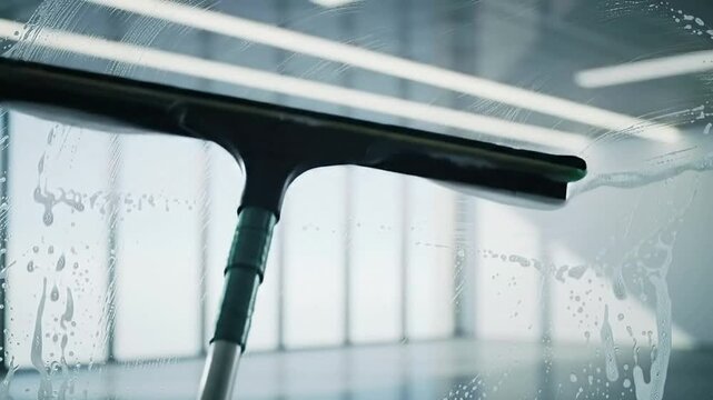 Close-Up Of A Window Squeegee Creating A Streak-Free Finish On Soapy Glass In A Modern Interior Environment With Large Windows