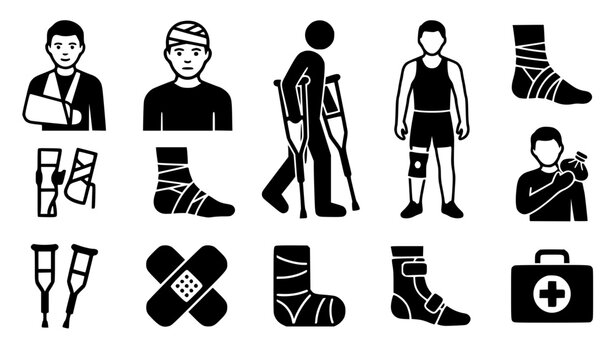 Injury rehabilitation and orthopedic recovery icon set featuring black silhouettes of patients with crutches arm slings head bandages leg casts and medical kits