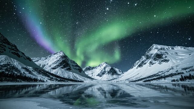 Aurora borealis dancing over snowy mountain lake landscape.