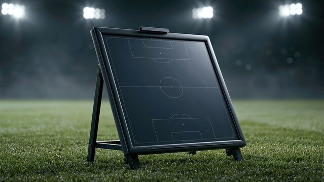 Soccer lineup board on grass under stadium lights