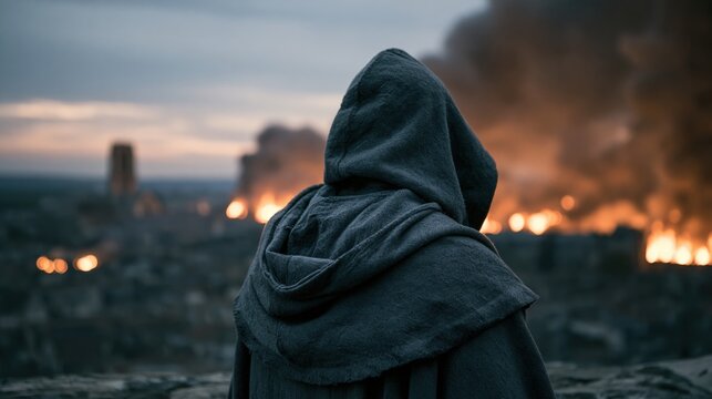 Paris France Europe lifestyle. A moody, atmospheric portrayal of a solitary figure in a hooded cloak, standing on a rocky outcrop overlooking a cityscape at sunset.