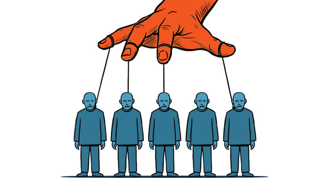 Large orange hand manipulating blue human puppets with thin black strings in a creative vector illustration