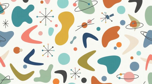 Colorful MCM abstract: boomerangs, atomic starbursts, organic shapes