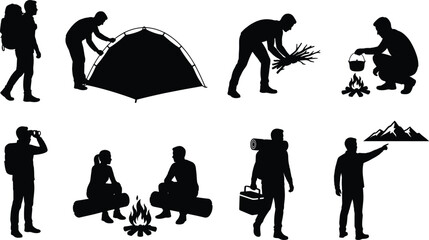 Obraz premium Camping Adventure Silhouette Collection with Hikers Tent Campfire Hiking and Outdoor Survival Activities Vector Set