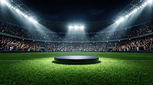 Empty podium on soccer stadium field at night with crowd and bright lights