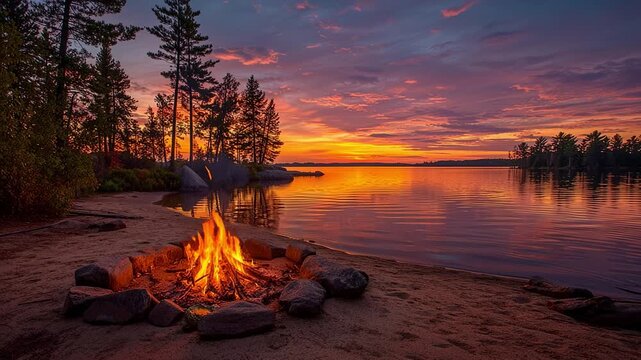 Campfire on sandy beach beside lake during vibrant sunset with orange and purple sky reflections