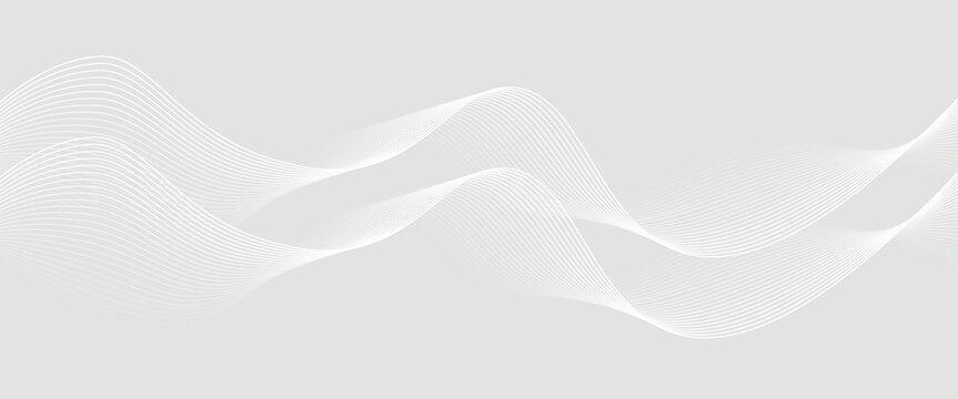 Gray background with smooth gradient and white wave lines. The background is sleek and modern, featuring gray color and subtle texture. Wave background vector. White background.