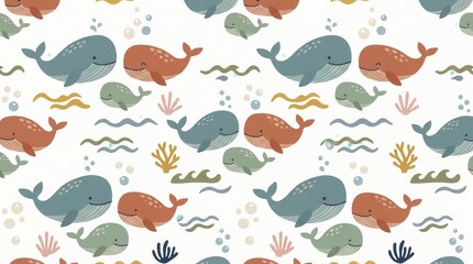 Fototapeta premium Seamless repeating pattern: Blue, orange, green cartoon whales, bubbles, plants