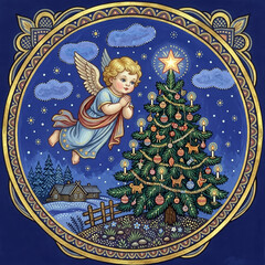 Naklejka premium Christmas card. Decorative circular illustration featuring a flying blonde angel looking at a bright star on top of a decorated christmas tree in a snowy landscape.