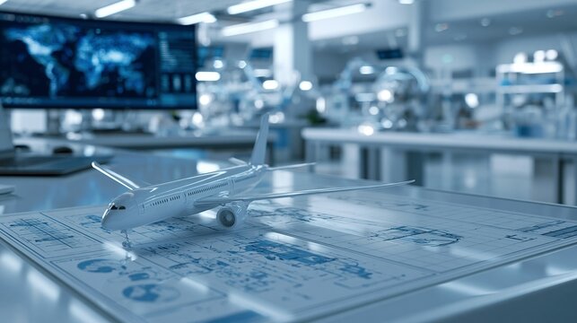 Model Airplane Rests on Blueprint While Global Map Display Shows Aviation Data in a Workshop
