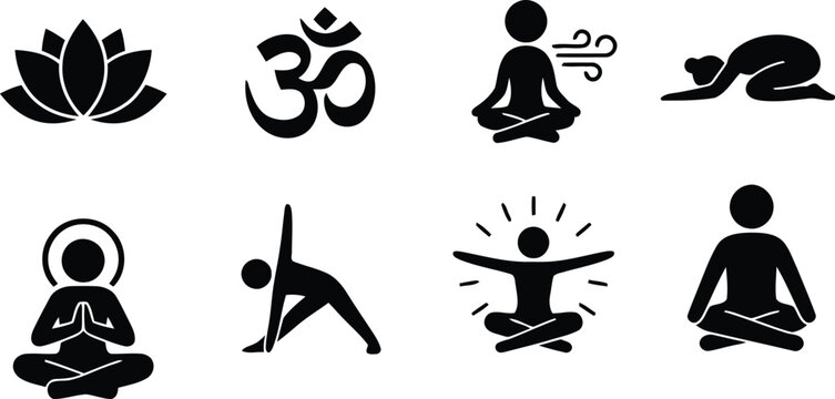 Black yoga icons set with lotus flower and om symbol