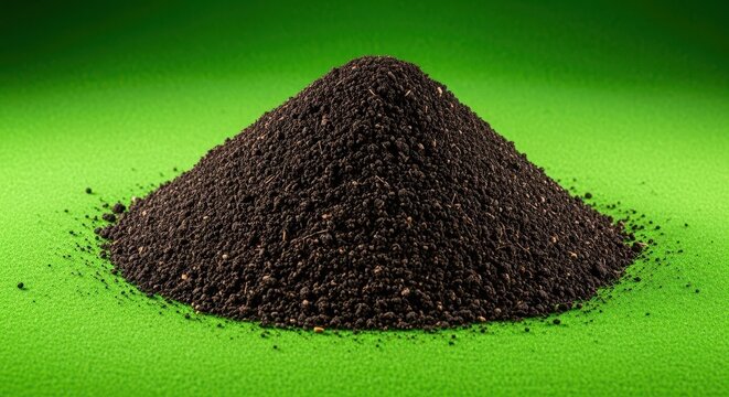 A large pile of dark, rich soil is heaped upon a vibrant green surface, emphasizing agriculture, growth, and natural gardening concepts, texture, environment, heap