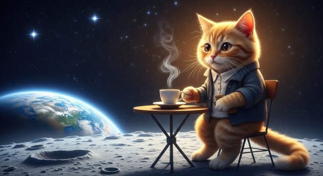 Whimsical ginger cat enjoying coffee on the moon with Earth in the background.