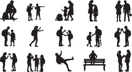 Set of black silhouettes of people and children with backpacks and bags for school and travel themes isolated on white background, Vector © Lutfar_Rahman