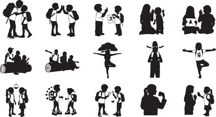 Set of black silhouettes showing school children kids with backpacks in various daily activities and poses isolated on white background, Vector