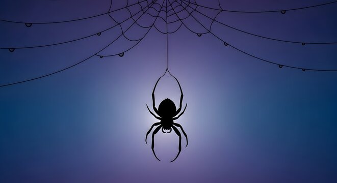 Scary spider hanging from complex web against dark night sky backdrop with arachnid halloween wilderness predator wildlife creature venomous outdoors