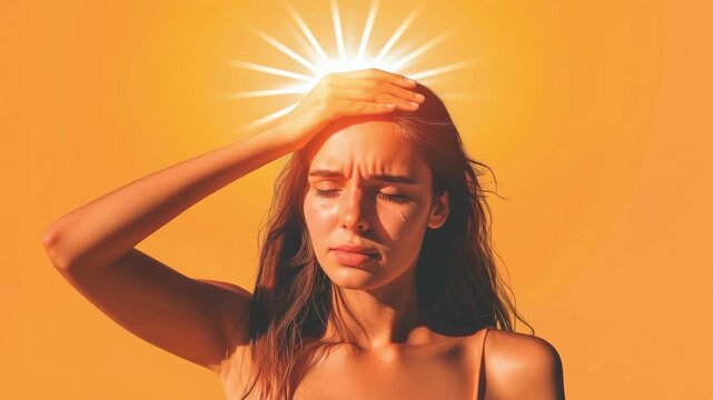 Woman holding her head with a pained expression while bright sunlight glows behind on an orange background, stress, headache, mental fatigue, anxiety.