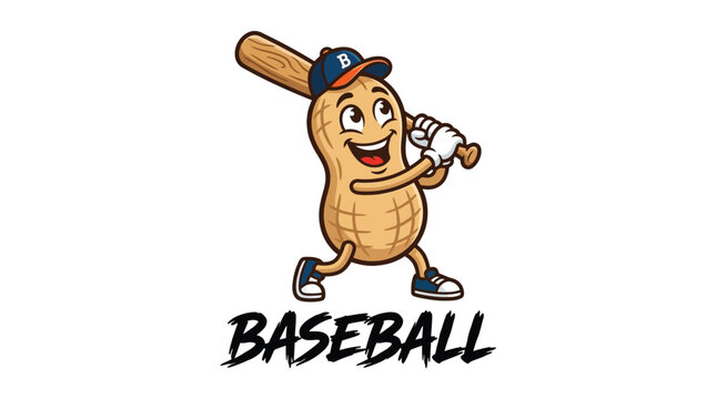 A happy peanut character wearing a blue baseball cap holding a wooden bat vector illustration