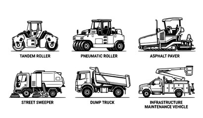 Construction machinery vector set with asphalt paving equipment road rollers and dump trucks isolated on white © Md