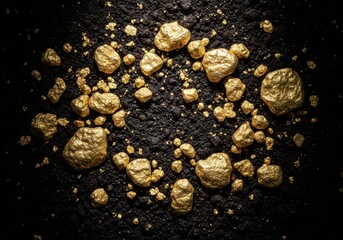 Fototapeta premium Shiny alluvial gold flakes and small nuggets resting on dark, damp, rich earth, representing mineral wealth and prospecting, savings, dirt, finding