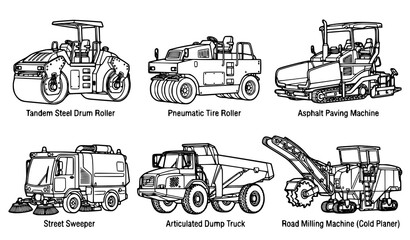 Road construction vehicle vector illustration collection with rollers paving machines dump trucks and maintenance equipment isolated on white background © Md