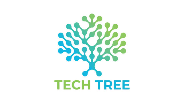 Modern blue and green digital tree vector illustration featuring a sleek minimalist professional tech logo