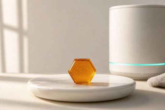 Hexagonal translucent amber vitamin gummy on white ceramic plate with smart wellness device in soft morning light personalized nutrition precision health nutrigenomics