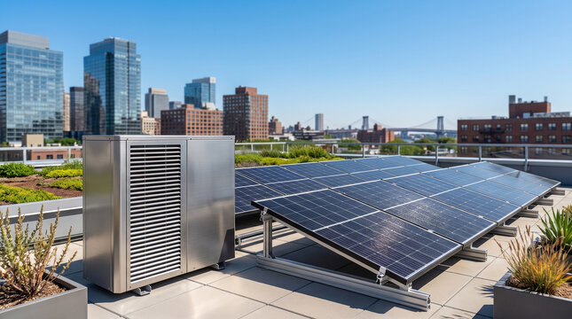 Modern heat pump and solar panels on a city rooftop. Renewable energy concept combining photovoltaic power and efficient heating, with beautiful urban skyline background.