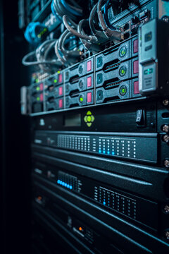 View of a server rack with blinking status lights, network cables, and hardware components in a data center in Los Angeles, California, United States.