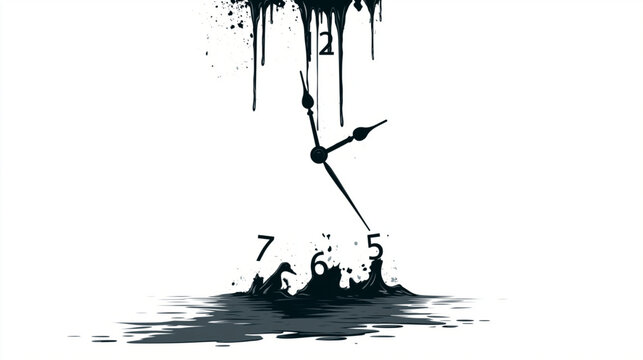 Melting Clock Concept: A surreal artistic depiction of a clock melting away, symbolizing the passage of time and the ephemeral nature of moments. The abstract style uses dark ink splatter effects.