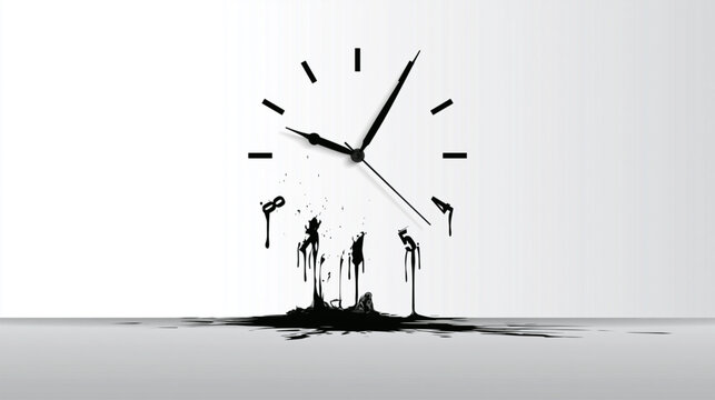 Melting Clock Surrealism: A surreal depiction of a clock's face dissolving into black liquid, symbolizing the relentless passage and ephemeral nature of time.