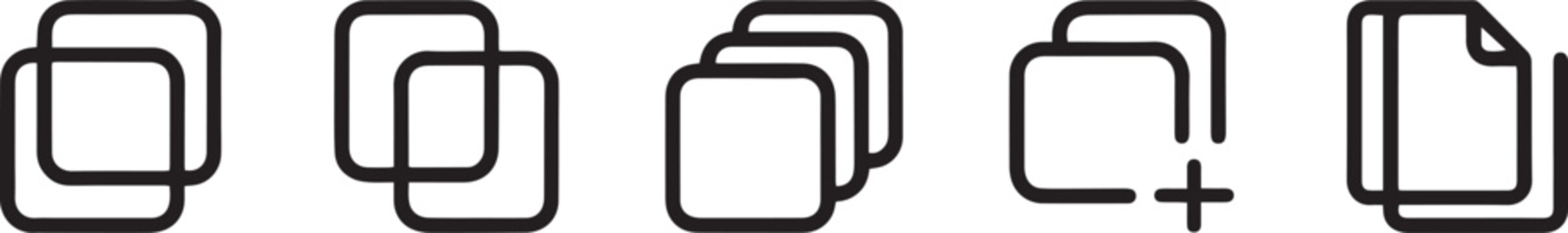 Copy and duplicate line icon set featuring overlapping square layers document files tab merging and multi window management symbols