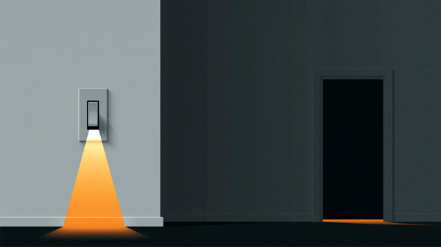 Switching On Hope: A light switch casts a warm glow on a wall, illuminating the path towards a dark, open doorway, symbolizing guidance and the transition from darkness to light.